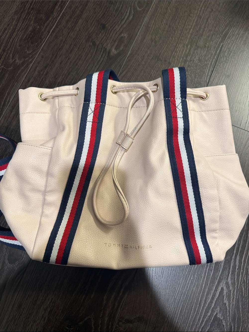 Tommy Hilfiger Cream Pebbled Leather Tote with Red, White & Navy Straps